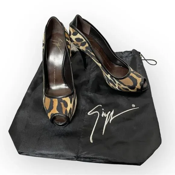 Giuseppe Zanotti Leopard Print Canvas Peep Toe Pumps 37.5 w/ dustbag - Picture 1 of 11